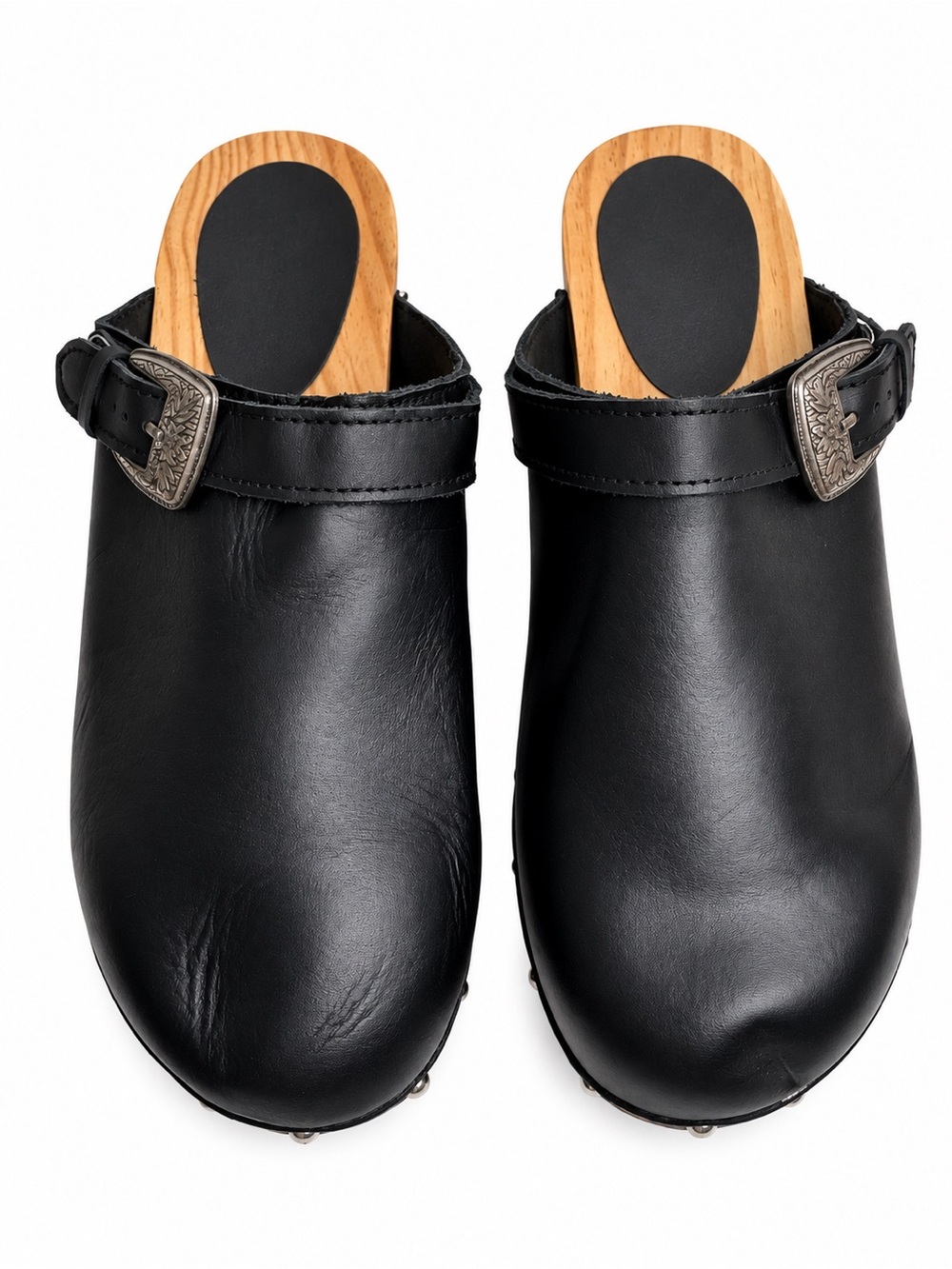 Maje Black Leather Platform Wood Clogs Studded Buckle NWOB 40 US 9.5 - Picture 2 of 11